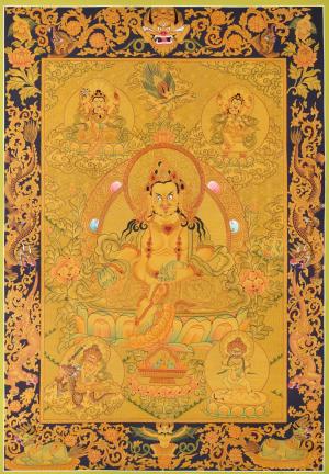 Full 24K Gold Style Five Dzambala Kubera Thangka Painting | Original Hand-Painted Deity Of Wealth